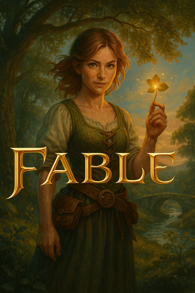 Fable official artwork — young adventurer holding a glowing clover in a magical forest.