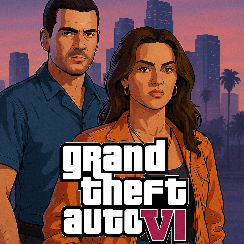 Grand Theft Auto VI official artwork — Jason and Lucia with neon city background.