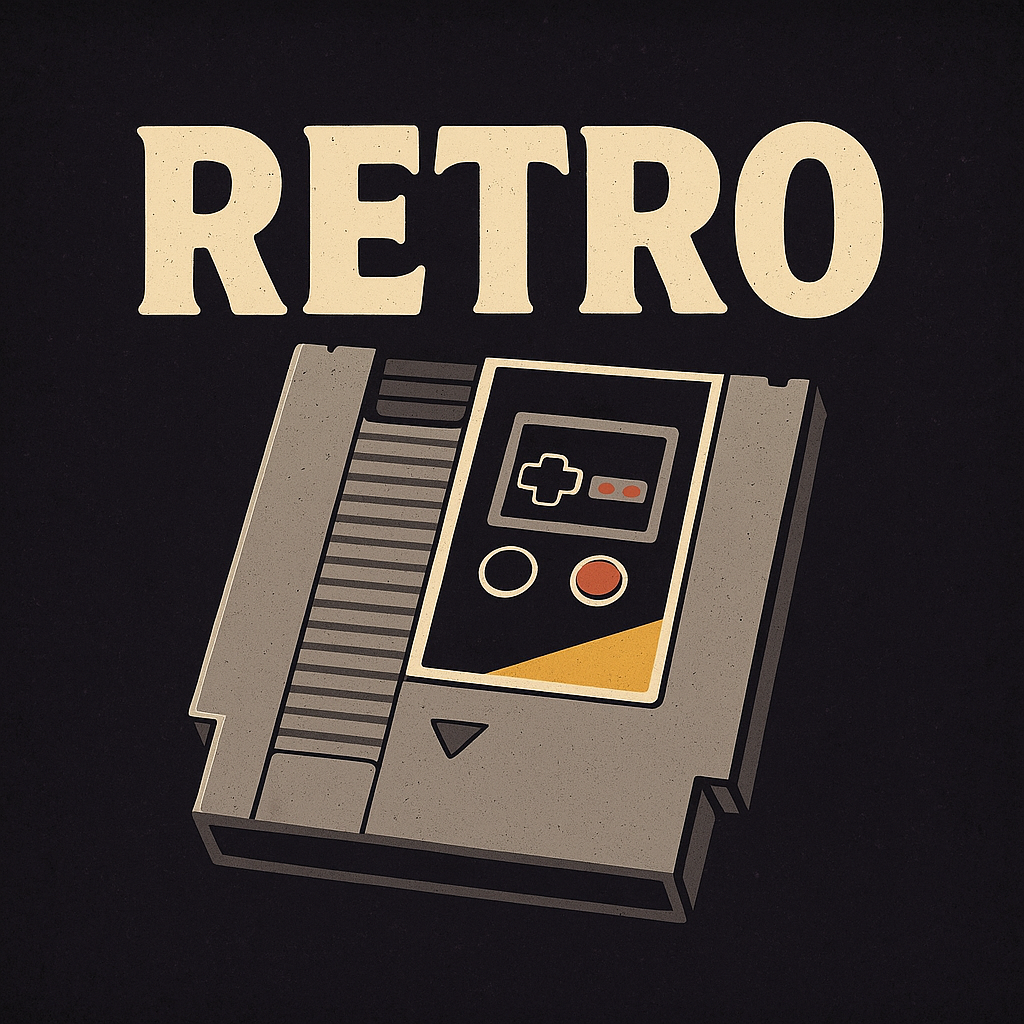 Stack of classic NES, SNES, and Sega cartridges glowing in front of a CRT TV with pixel text ‘RETRO’ — category image for retro gaming nostalgia posts.”